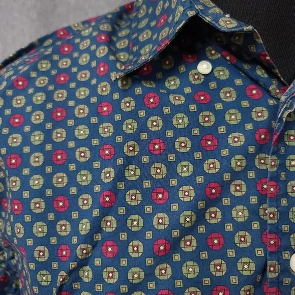 Dockers Mens Medium Blue Green Diamond Geometric Long Sleeve Button Up Shirt - Picture 4 of 11